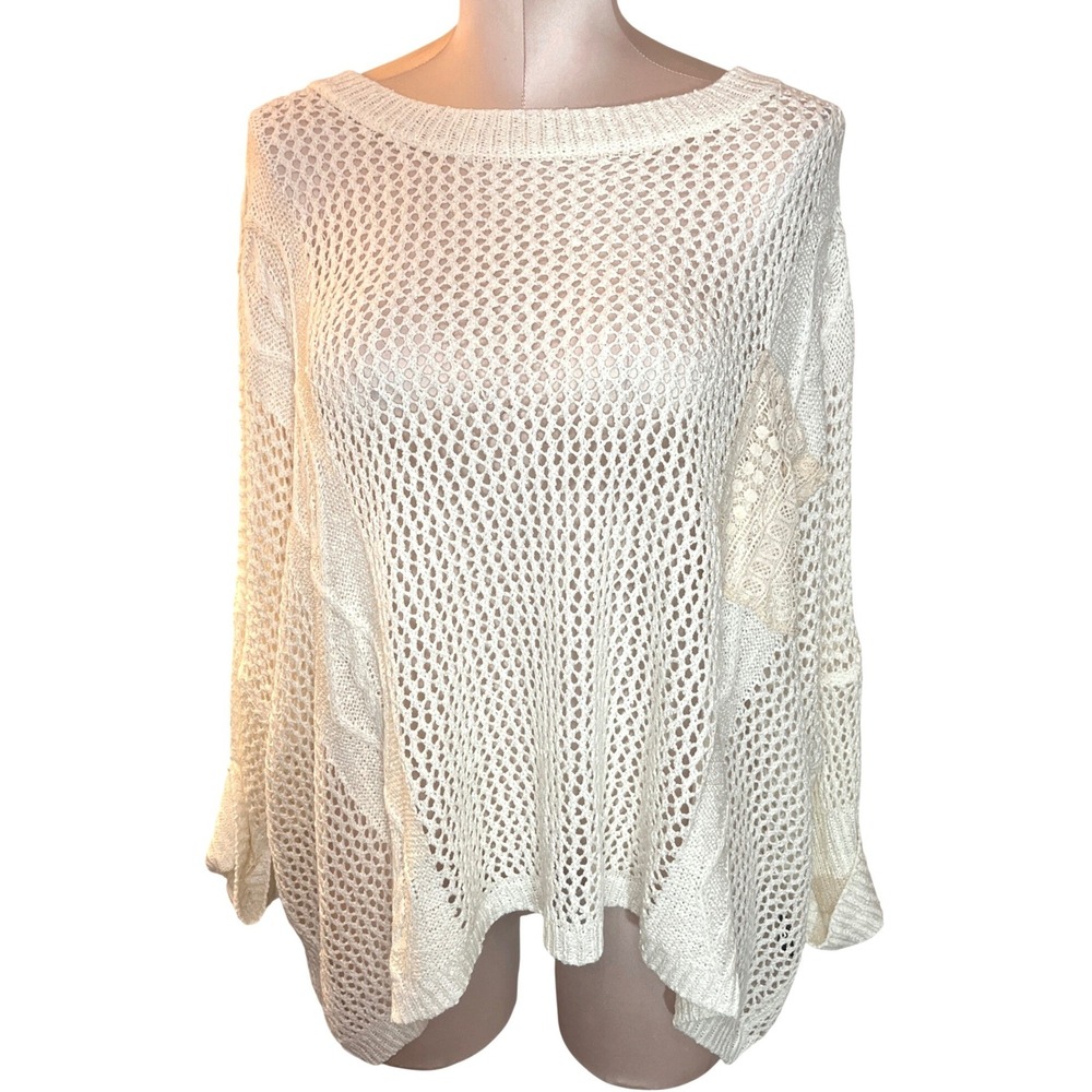 POL Cream Crochet Open Knit Oversized Sweater Lace Pocket Womens Medium Boho